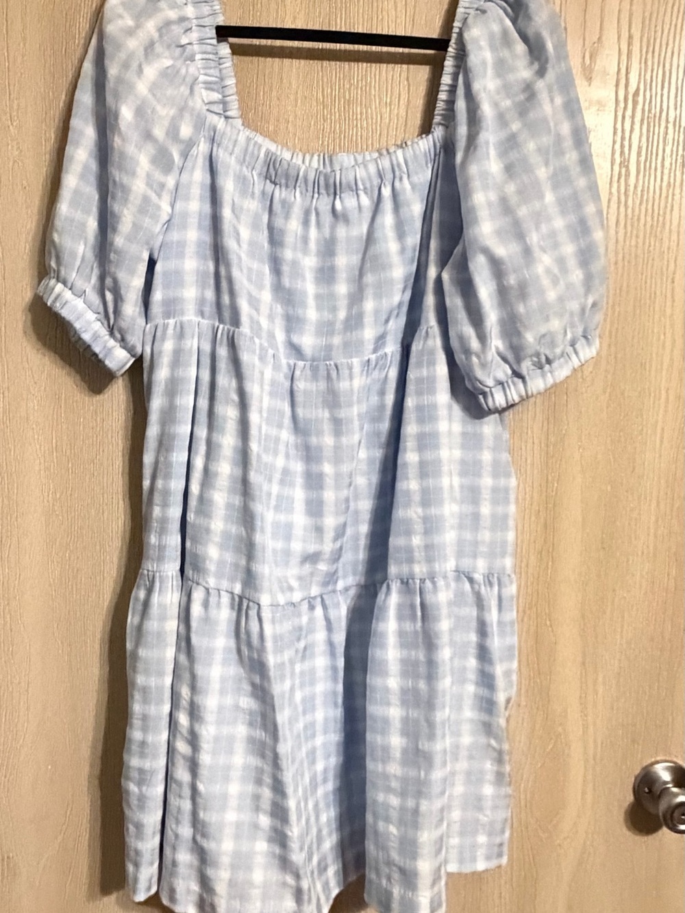 Hyacinth House Women's  Light Blue Plaid Puff-Sleeve Casual Dress